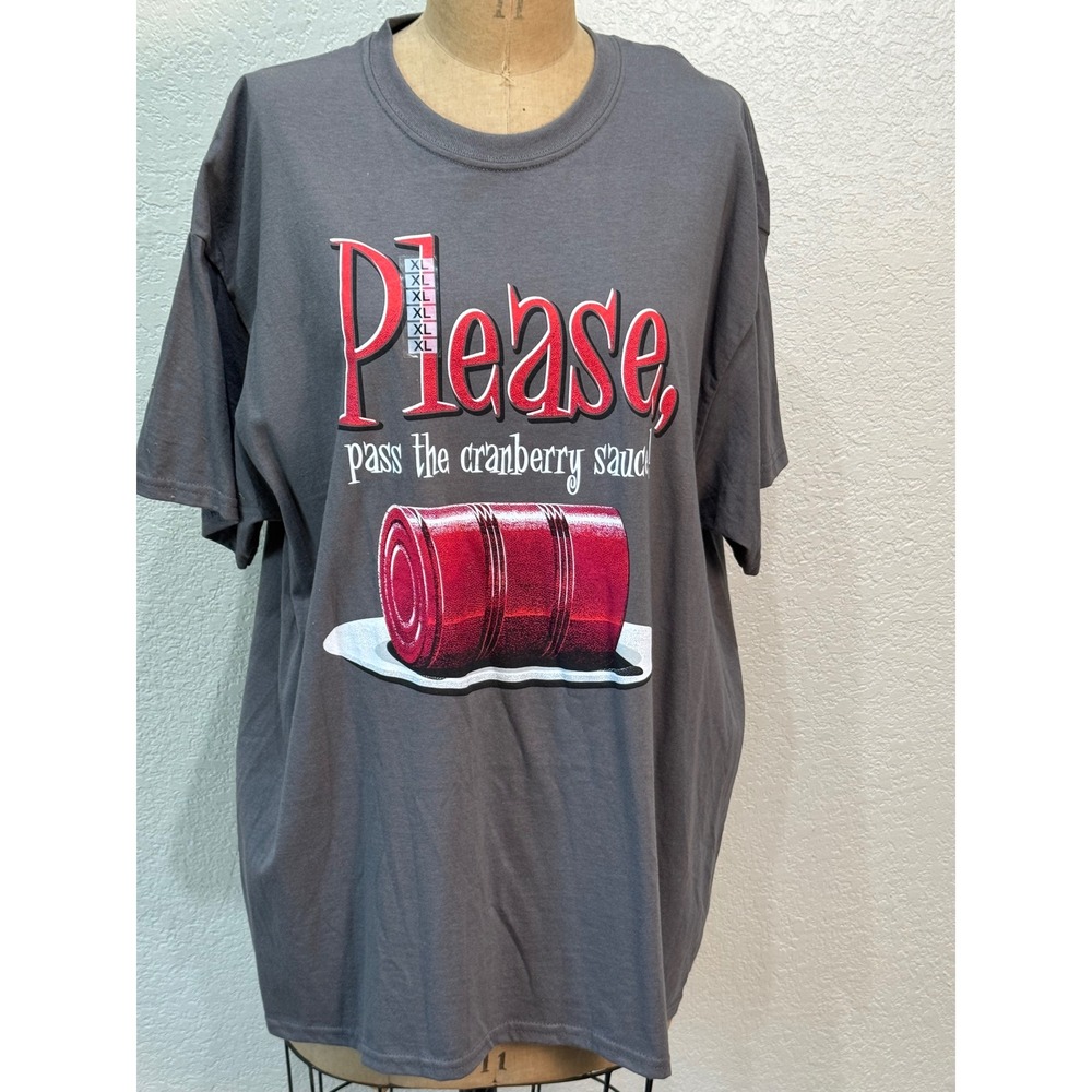Thankful Please Pass the Cranberry Sauce Graphic T-Shirt Gray XL Turkey Day NWT